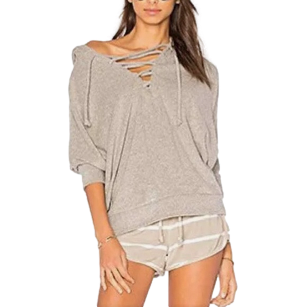 CHASER REVOLVE Love Cloth lace up hoodie short sleeve tan white stripe medium